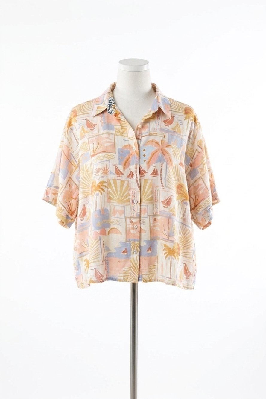 NEW TRIBAL drop shoulder short sleeve button front blouse in postcard